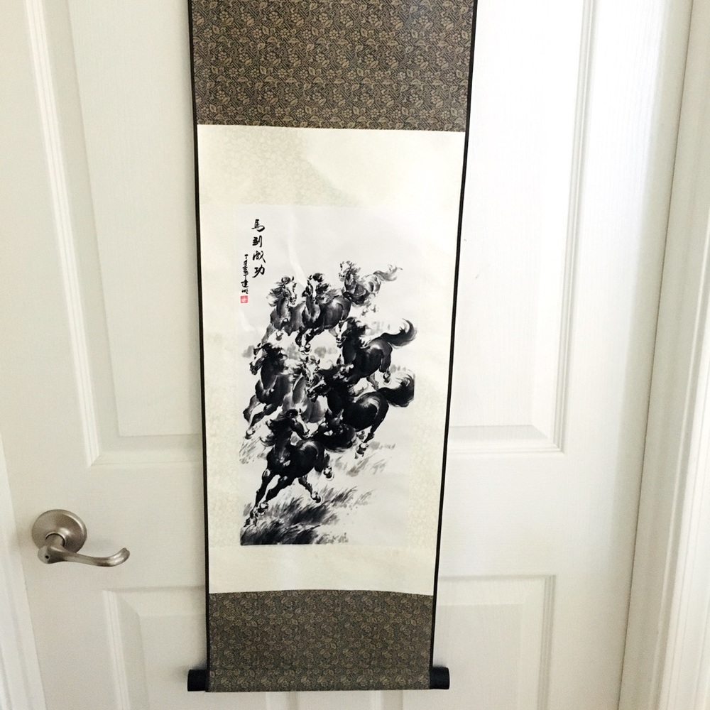 Korean satin fold hanging picture horses